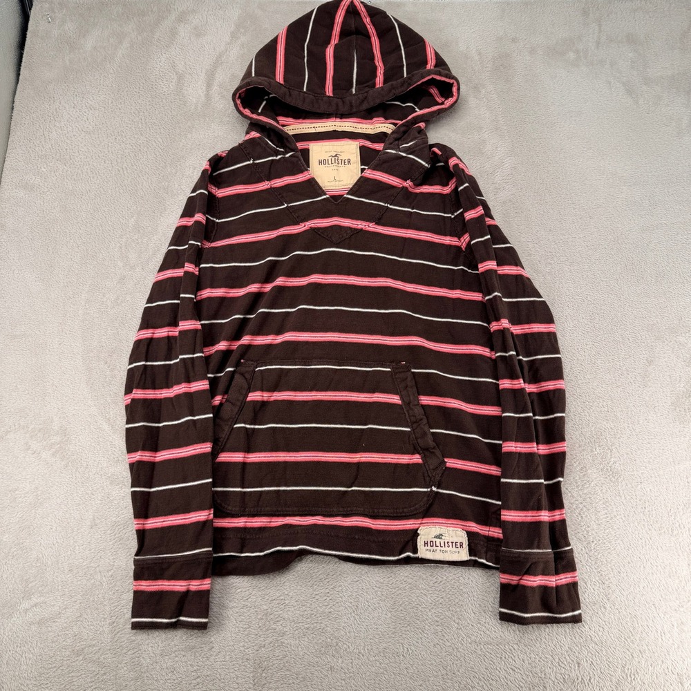 Hollister Womens Large Brown Striped Pullover Hoodie Preowned Pink White Stripe
